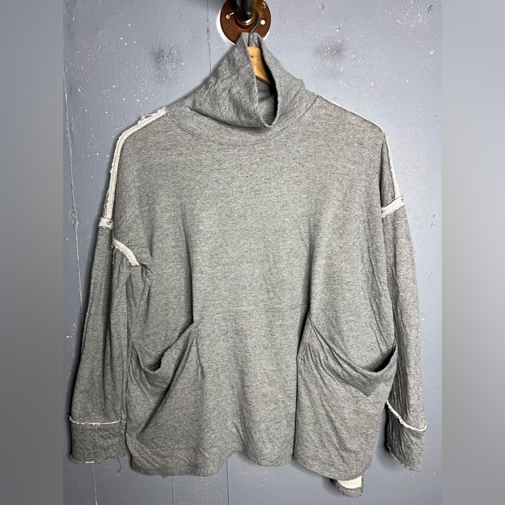 We The Free Free People Gray Turtleneck Oversized Raw Stitching Top.  Size XS